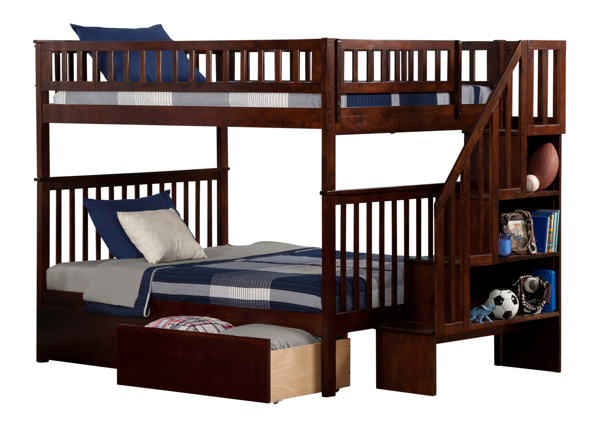 Ab56844 Woodland Staircase Bunk Bed With Urban Bed Drawers, Antique Walnut - Full & Full