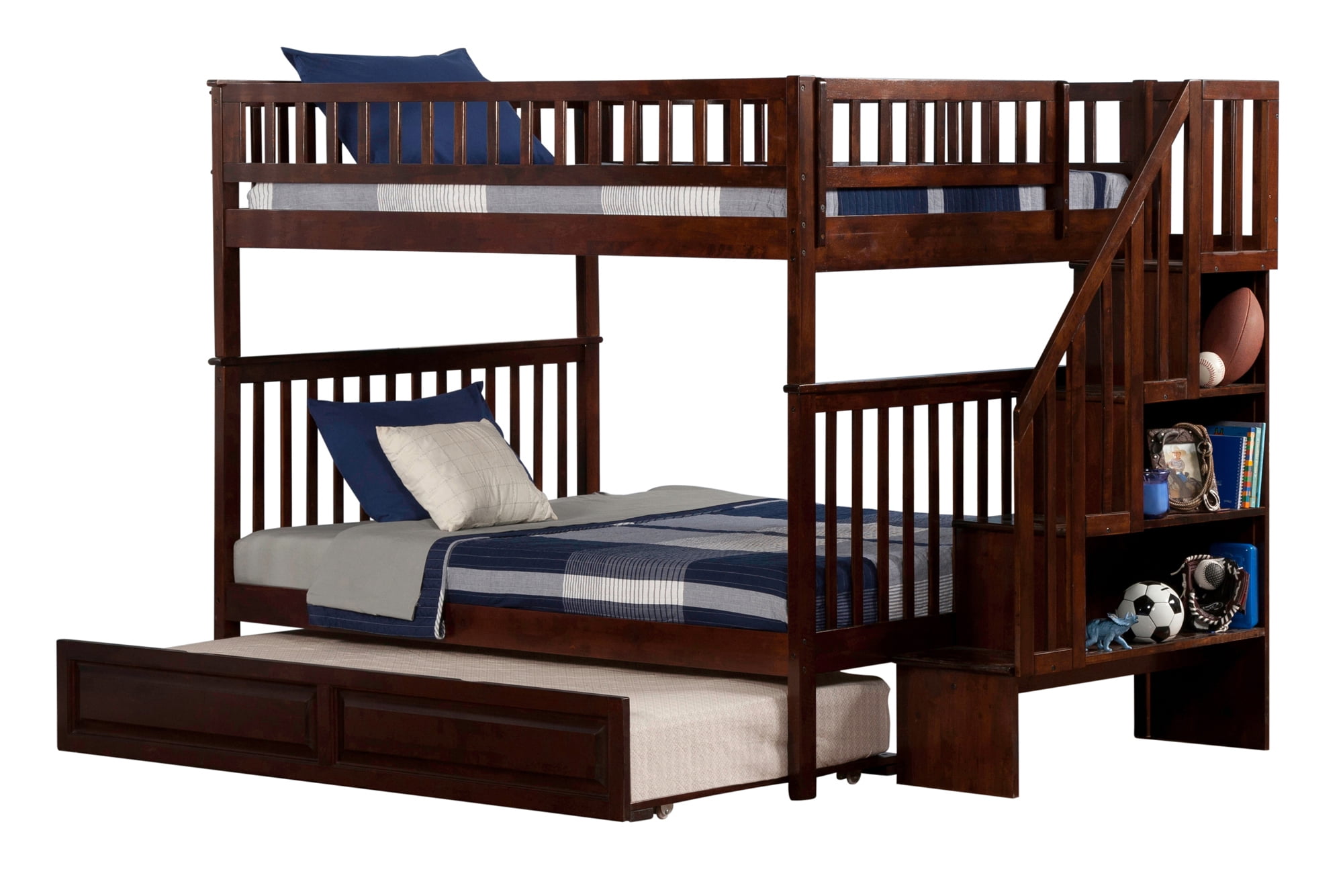 Ab56834 Woodland Staircase Bunk Bed With Trundle Bed, Antique Walnut - Full & Full
