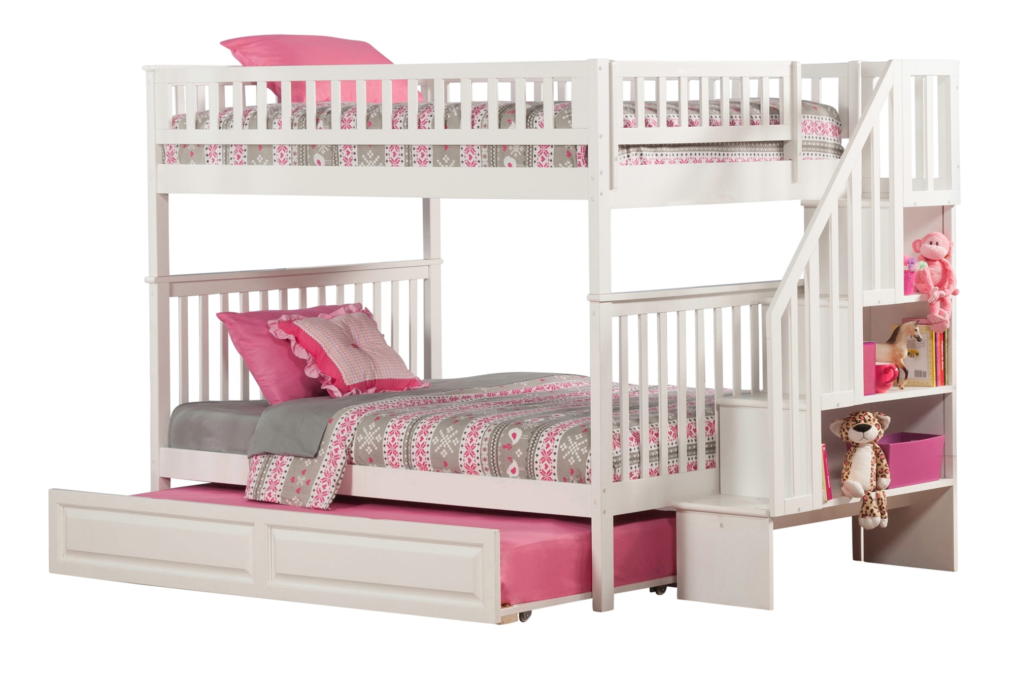 Ab56832 Woodland Staircase Bunk Bed With Trundle Bed, White - Full & Full