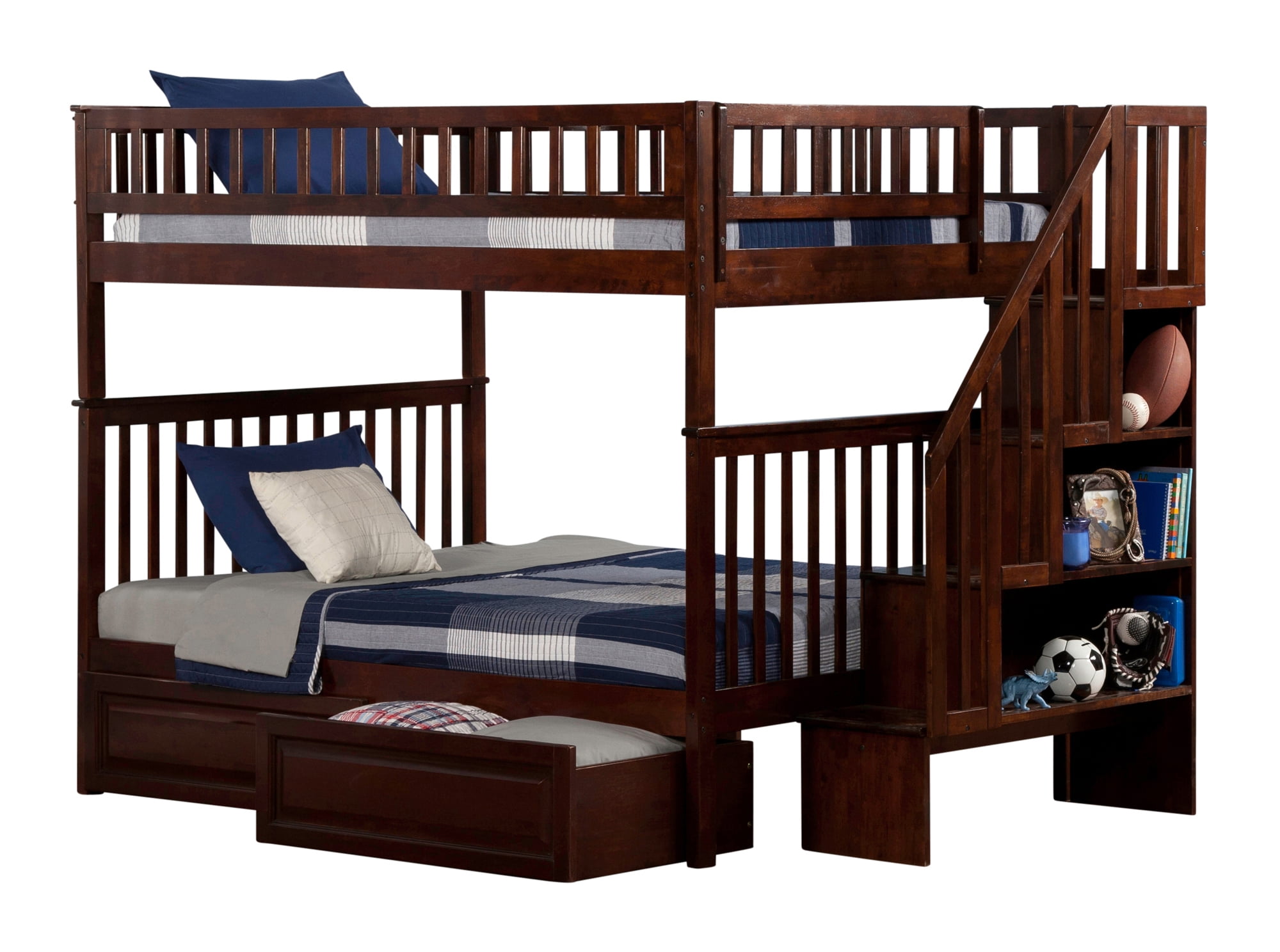 Ab56824 Woodland Staircase Bunk Bed With Rpbd, Antique Walnut - Full & Full