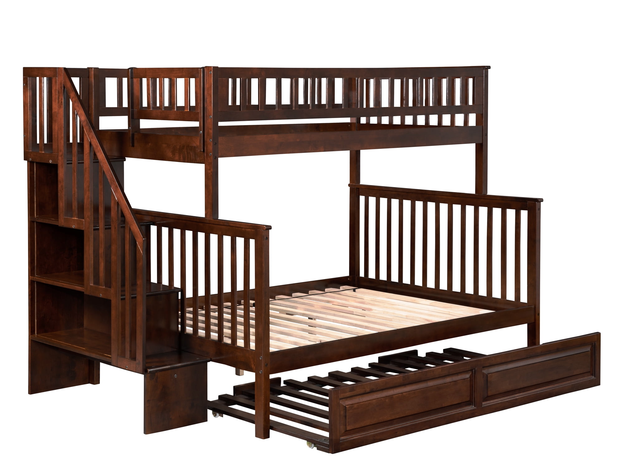 Ab56734 Woodland Staircase Bunk Bed With Trundle Bed, Antique Walnut - Twin & Full