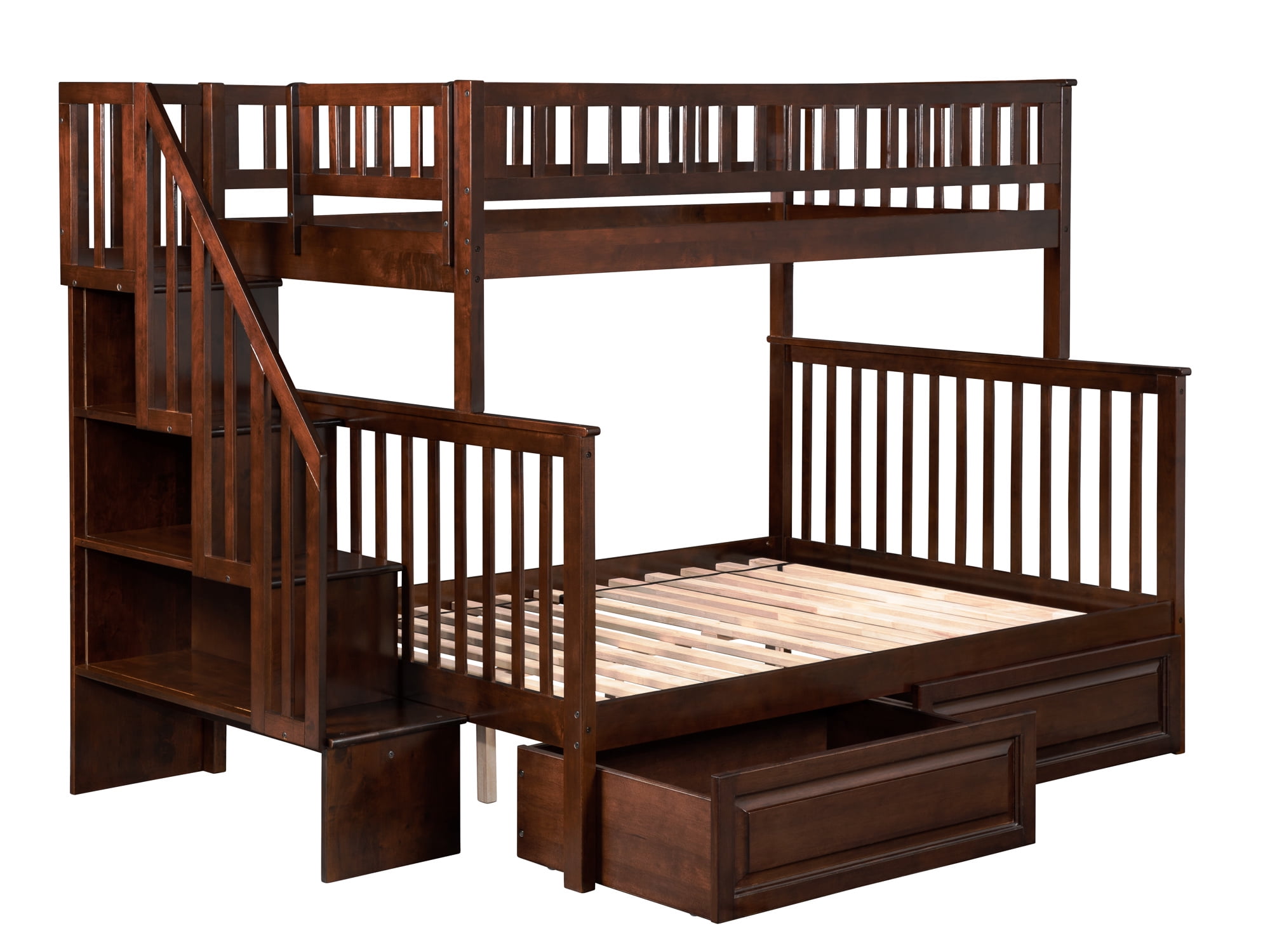 Ab56724 Woodland Staircase Bunk Bed With Raised Panel Bed Drawers, Antique Walnut - Twin & Full