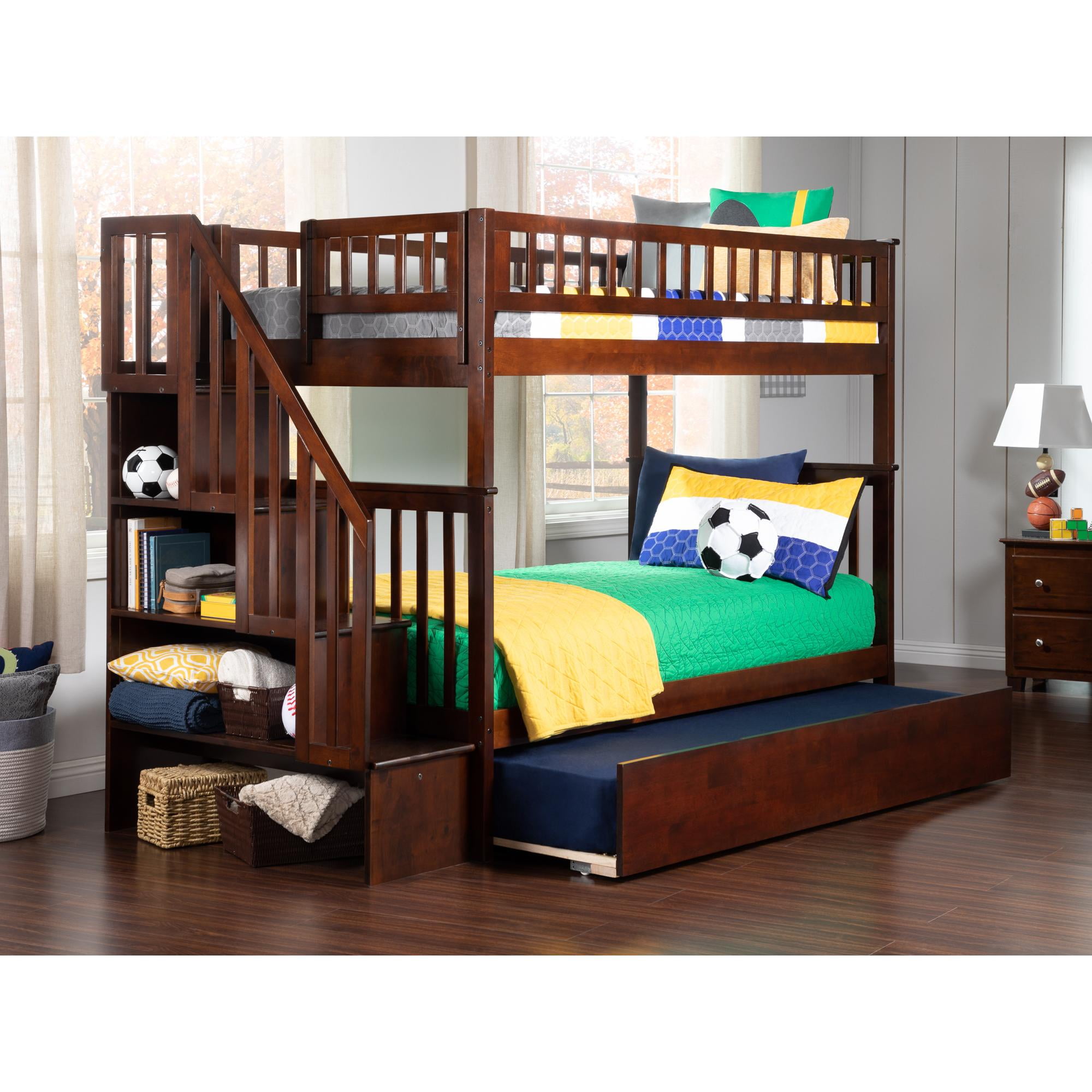 Ab56654 Woodland Staircase Bunk Bed With Urban Lifestyle Trundle, Antique Walnut
