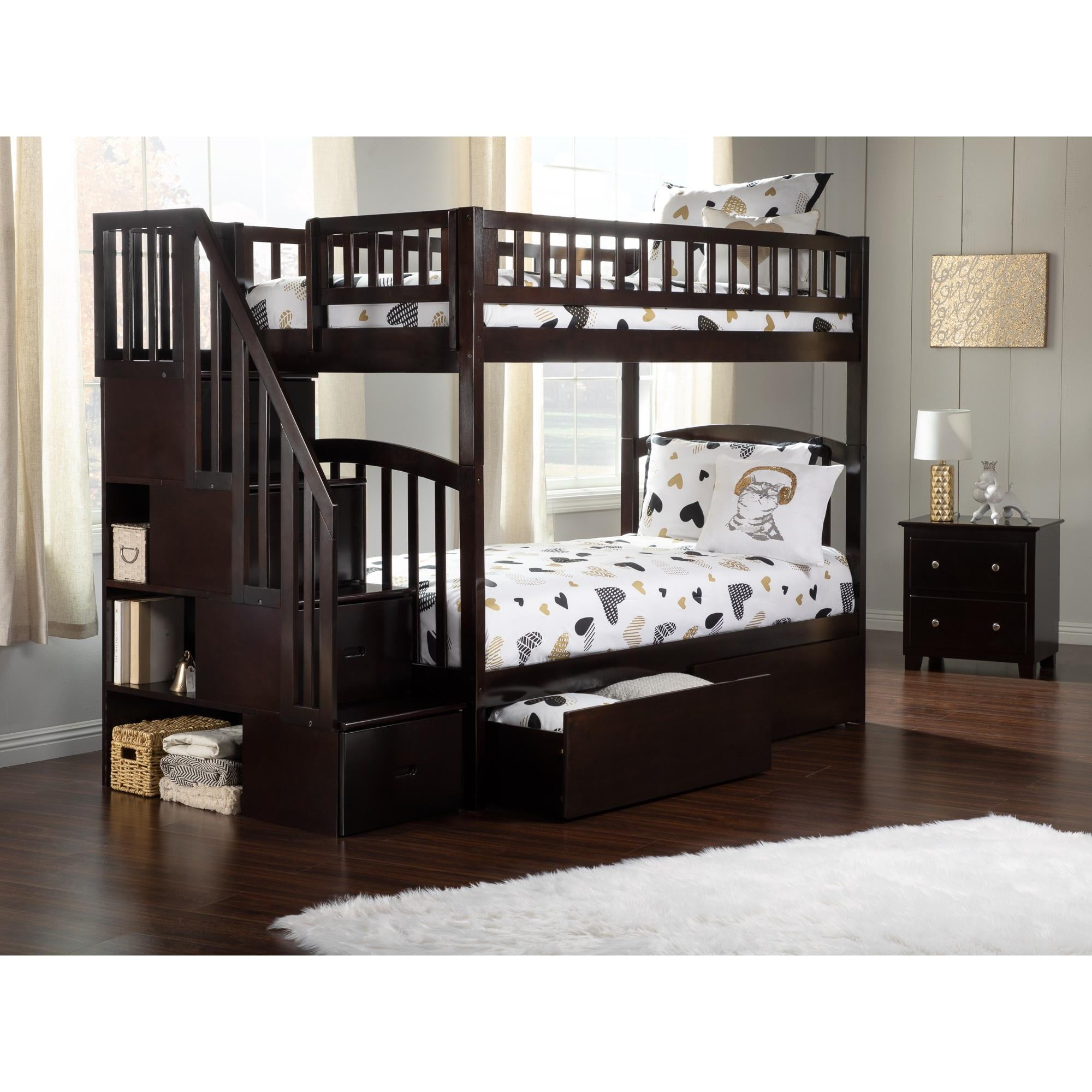 Ab65641 Westbrook Staircase Twin Over Twin Bunk Bed With 2 Urban Drawers, Espresso