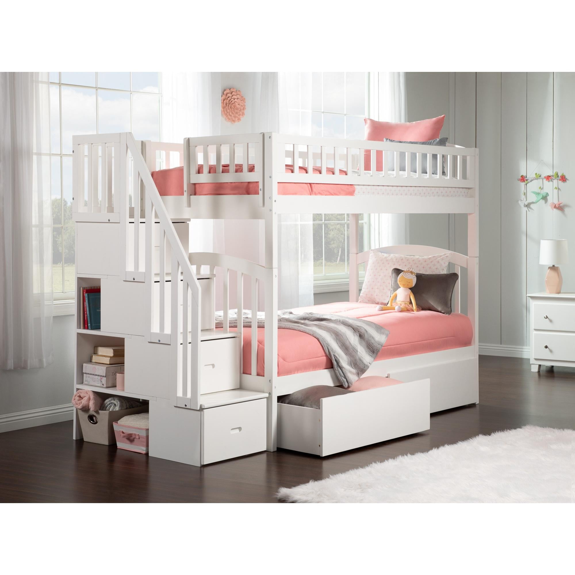 Ab65642 Westbrook Staircase Twin Over Twin Bunk Bed With 2 Urban Drawers, White