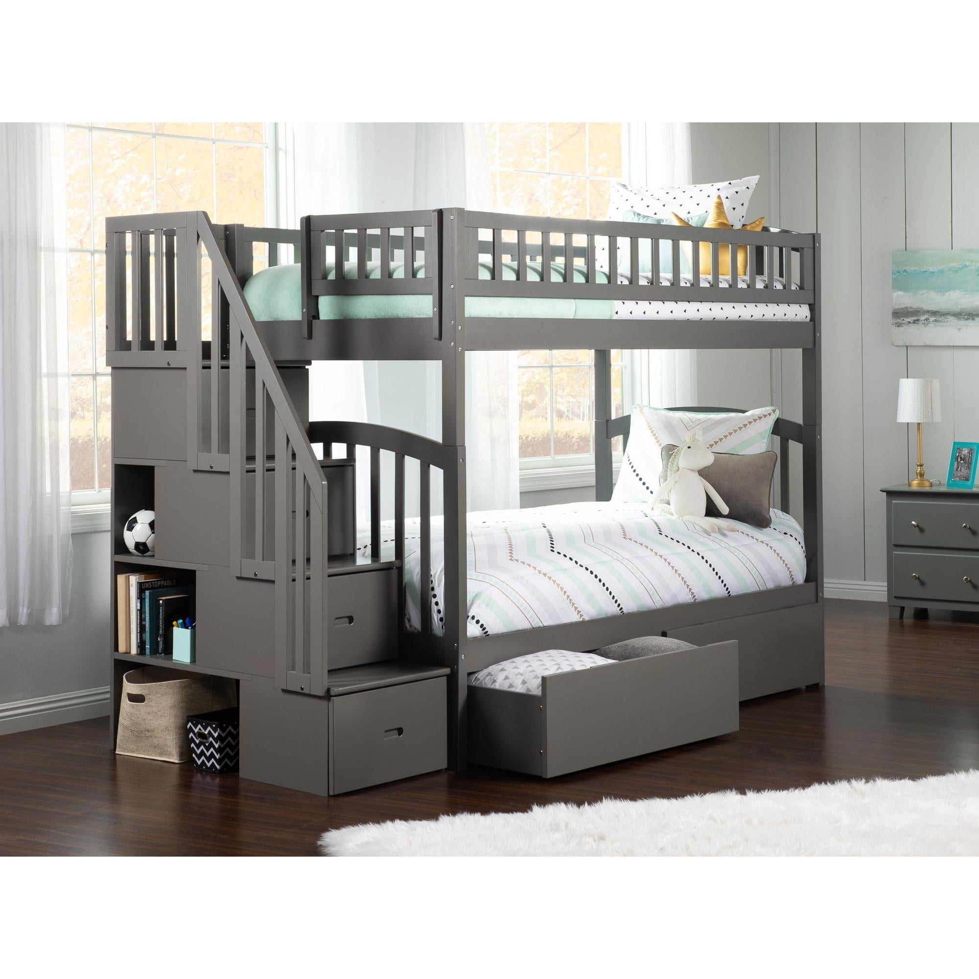 Ab65649 Westbrook Staircase Twin Over Twin Bunk Bed With 2 Urban Drawers, Grey