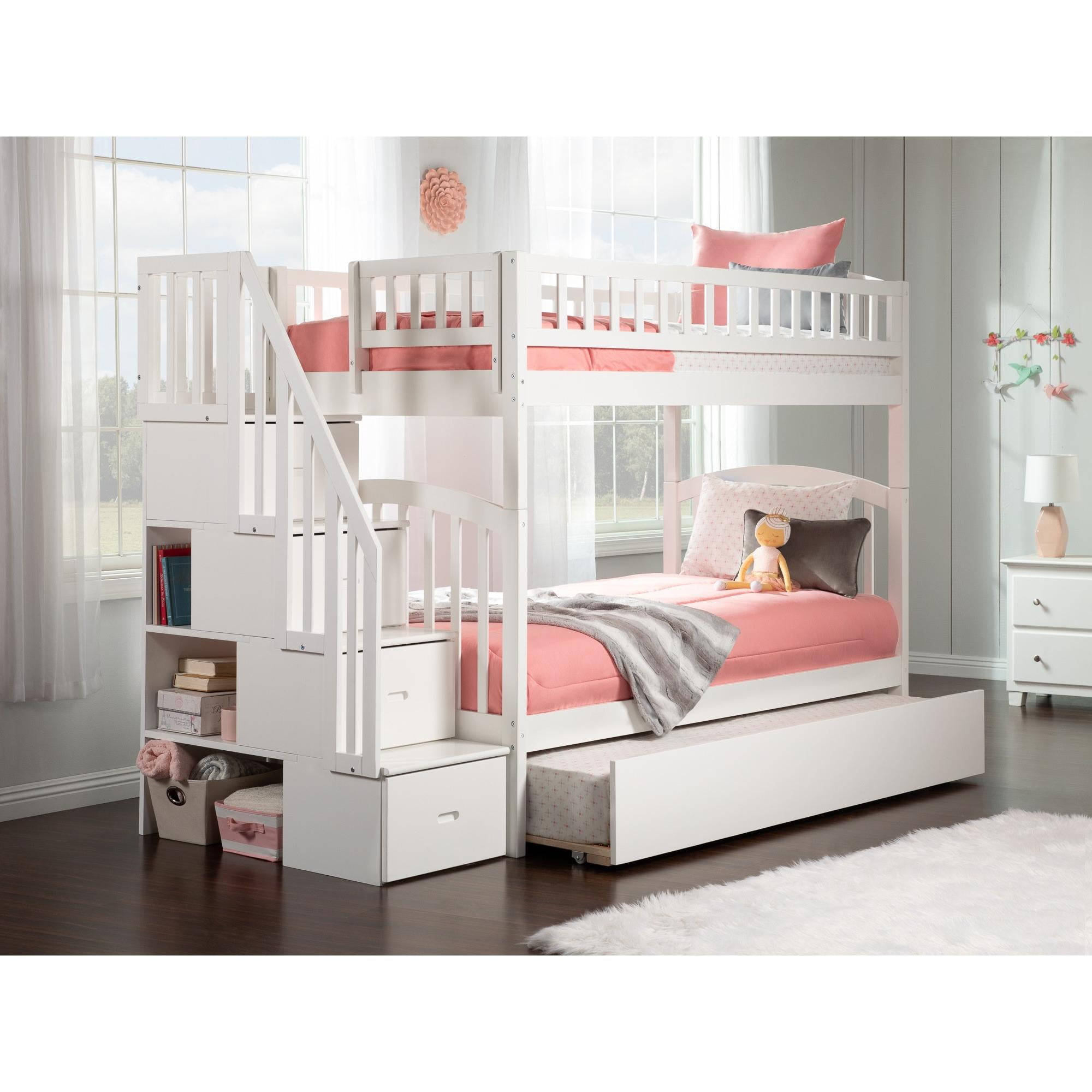 Ab65652 Westbrook Staircase Twin Over Twin Bunk Bed With Twin Size Urban Trundle , White
