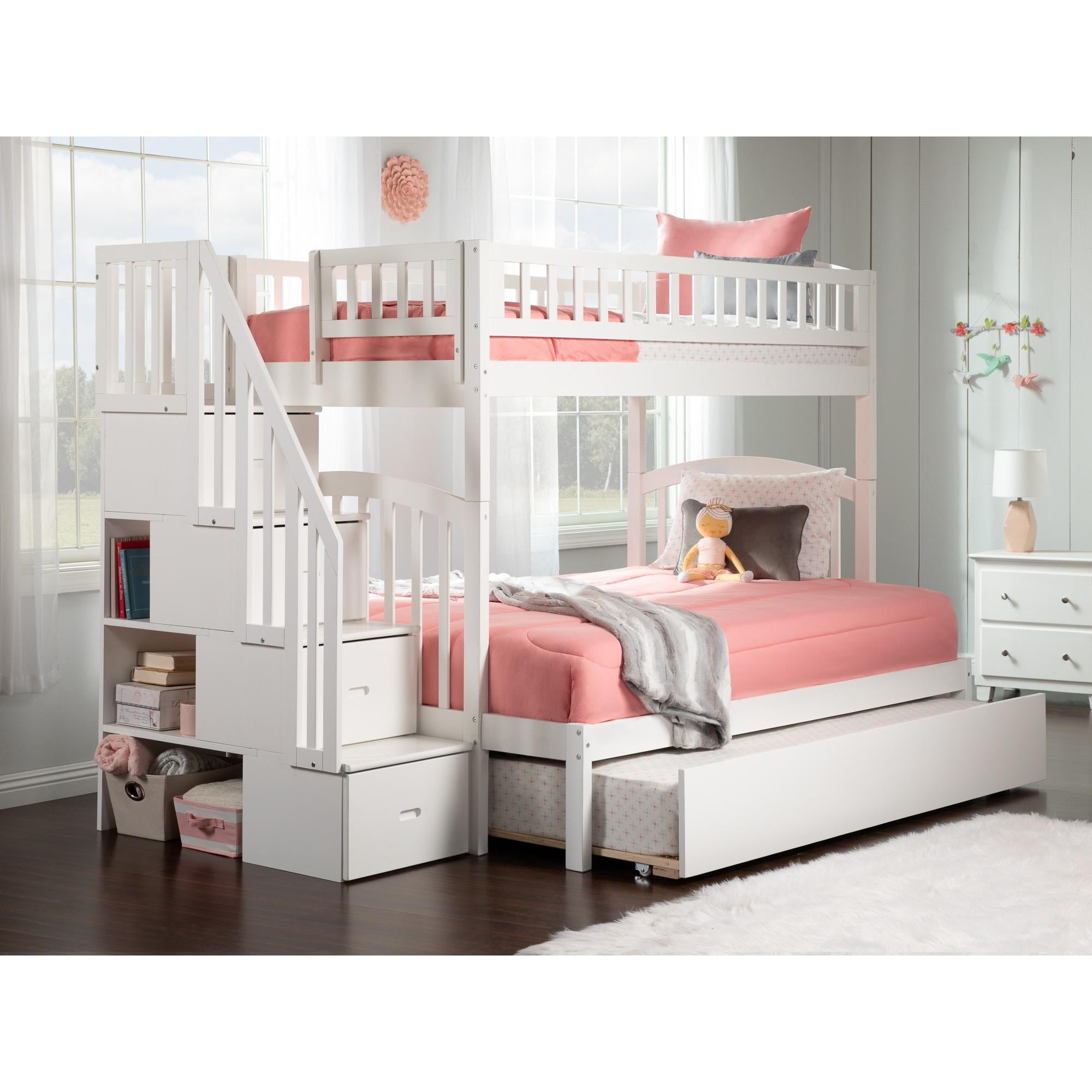 Ab65752 Westbrook Staircase Twin Over Full Bunk Bed With Twin Size Urban Trundle , White