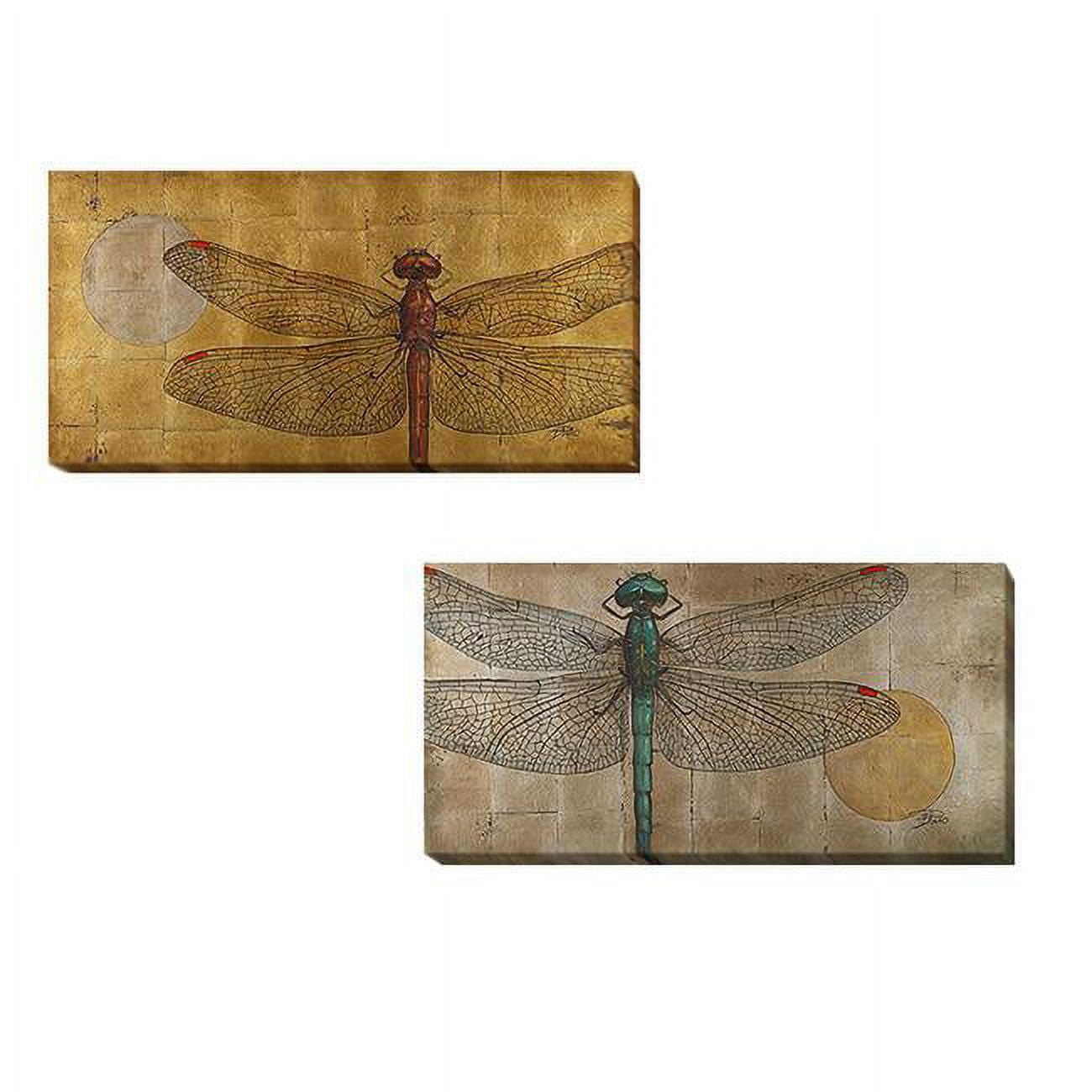 Dragonfly On Silver & Gold By Patricia Pinto Premium Gallery-wrapped Canvas Giclee Art Set - Ready-to-hang, 12 X 24 X 1.5 In.