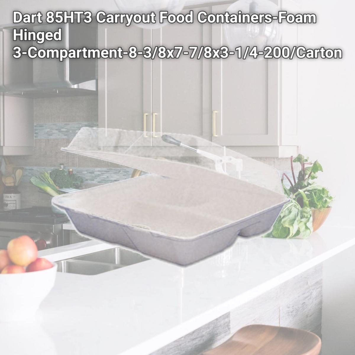 Picture of Dart 85HT3 Carryout Food Containers-Foam Hinged 3-Compartment-8-3/8x7-7/8x3-1/4-200/Carton