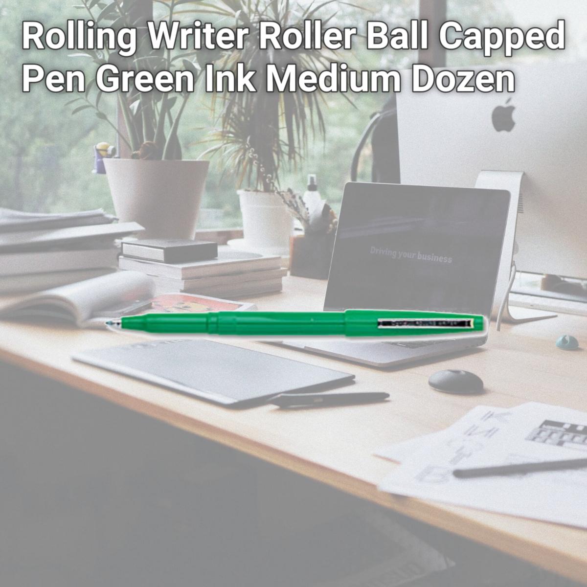 Picture of Pentel R100D Rolling Writer Roller Ball Capped Pen  Green Ink  Medium  Dozen