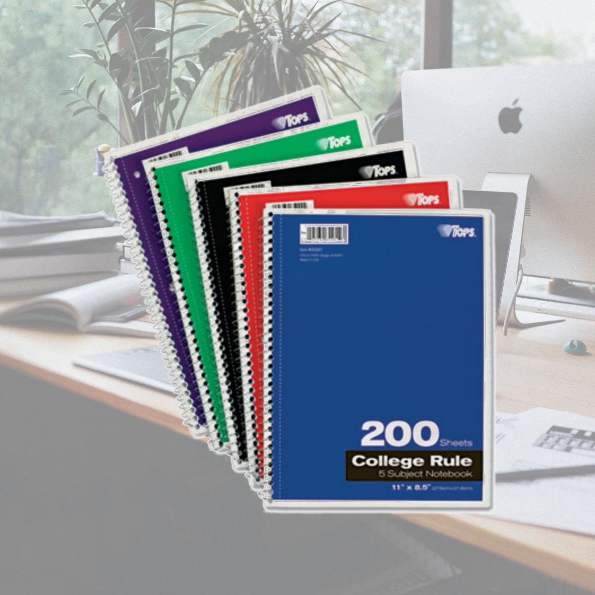 Picture of Tops 65581 Wirebound 5-Subject Notebook  College Rule  11 x 8-1/2  White  200 Sheets/Pad