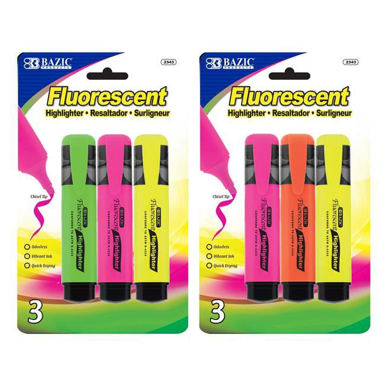 2343 Fluorescent Highlighters With Pocket Clip, Pack Of 3 - Case Of 24