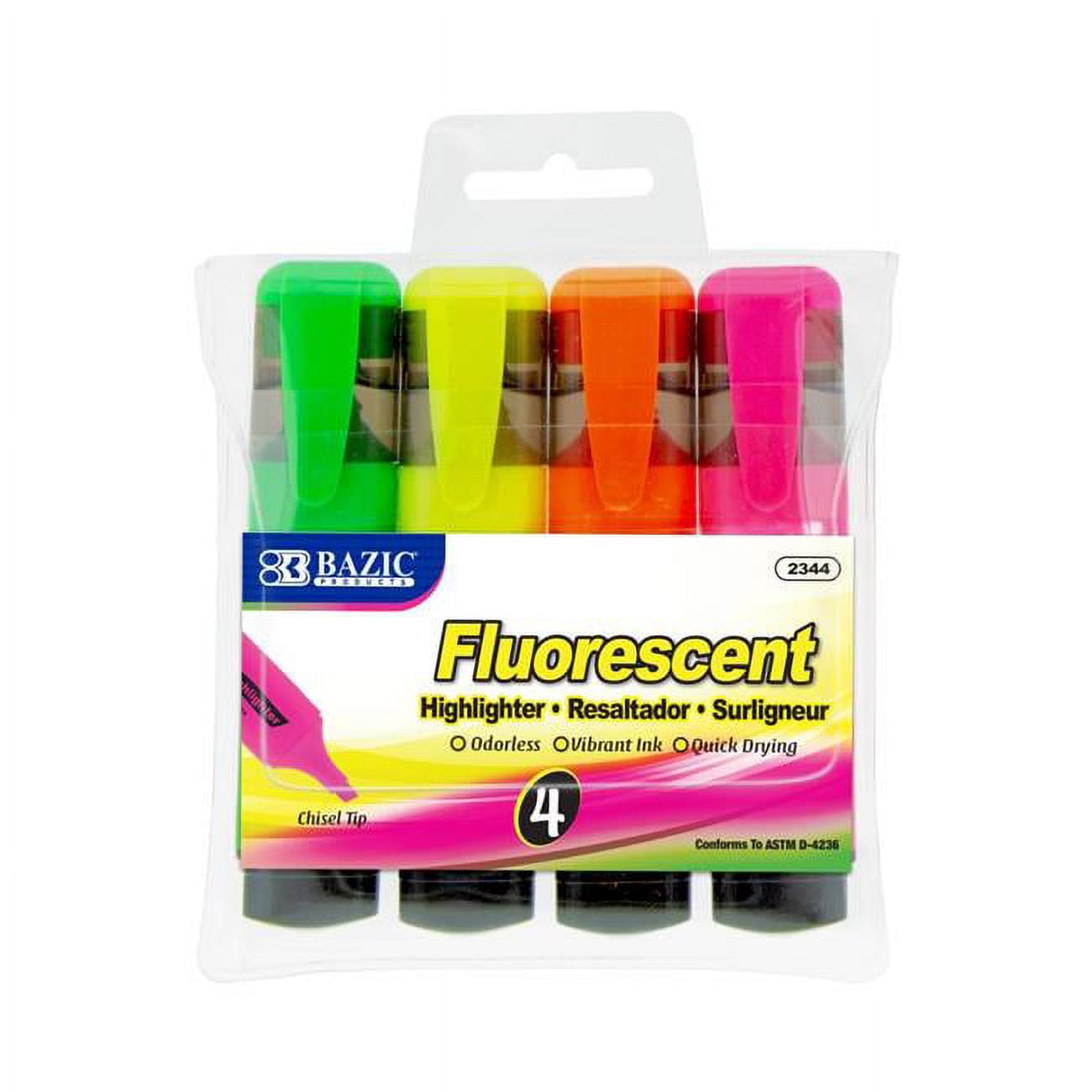 2344 Fluorescent Highlighters With Pocket Clip, Pack Of 4 - Case Of 24