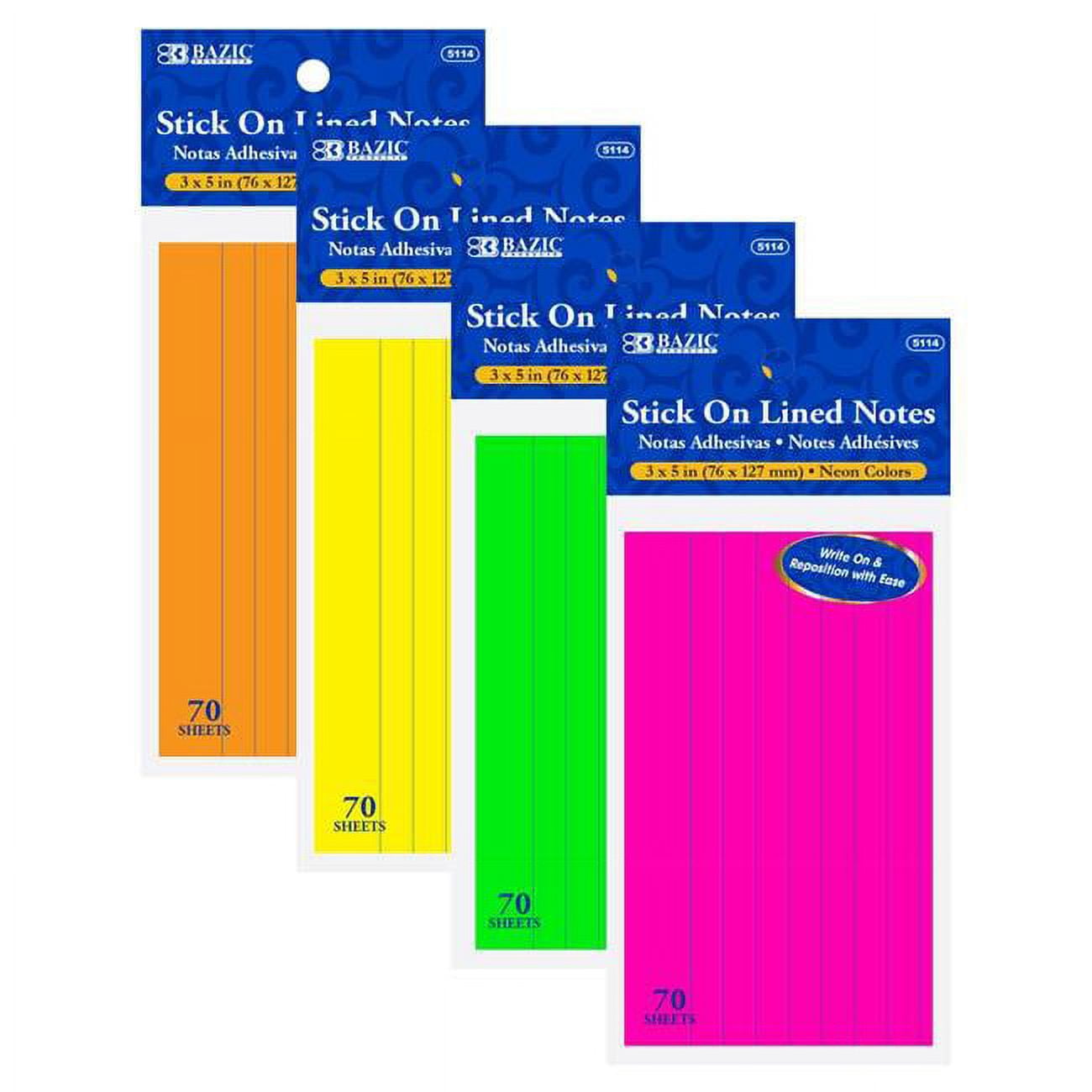 3 X 5 In. 70 Sheets Neon Lined Stick On Notes, Case Of 24
