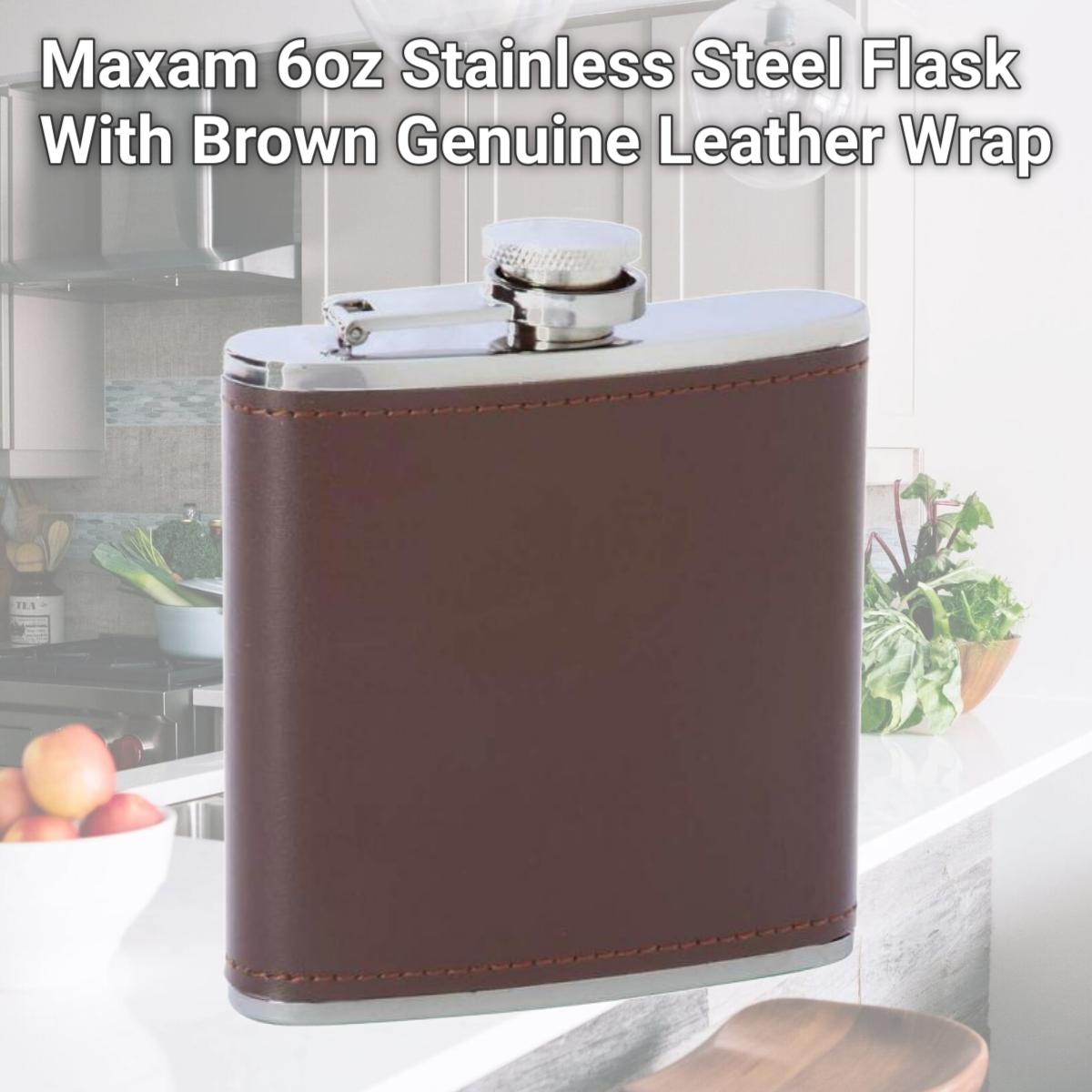 Picture of Maxam 6oz Stainless Steel Flask With Brown Genuine Leather Wrap