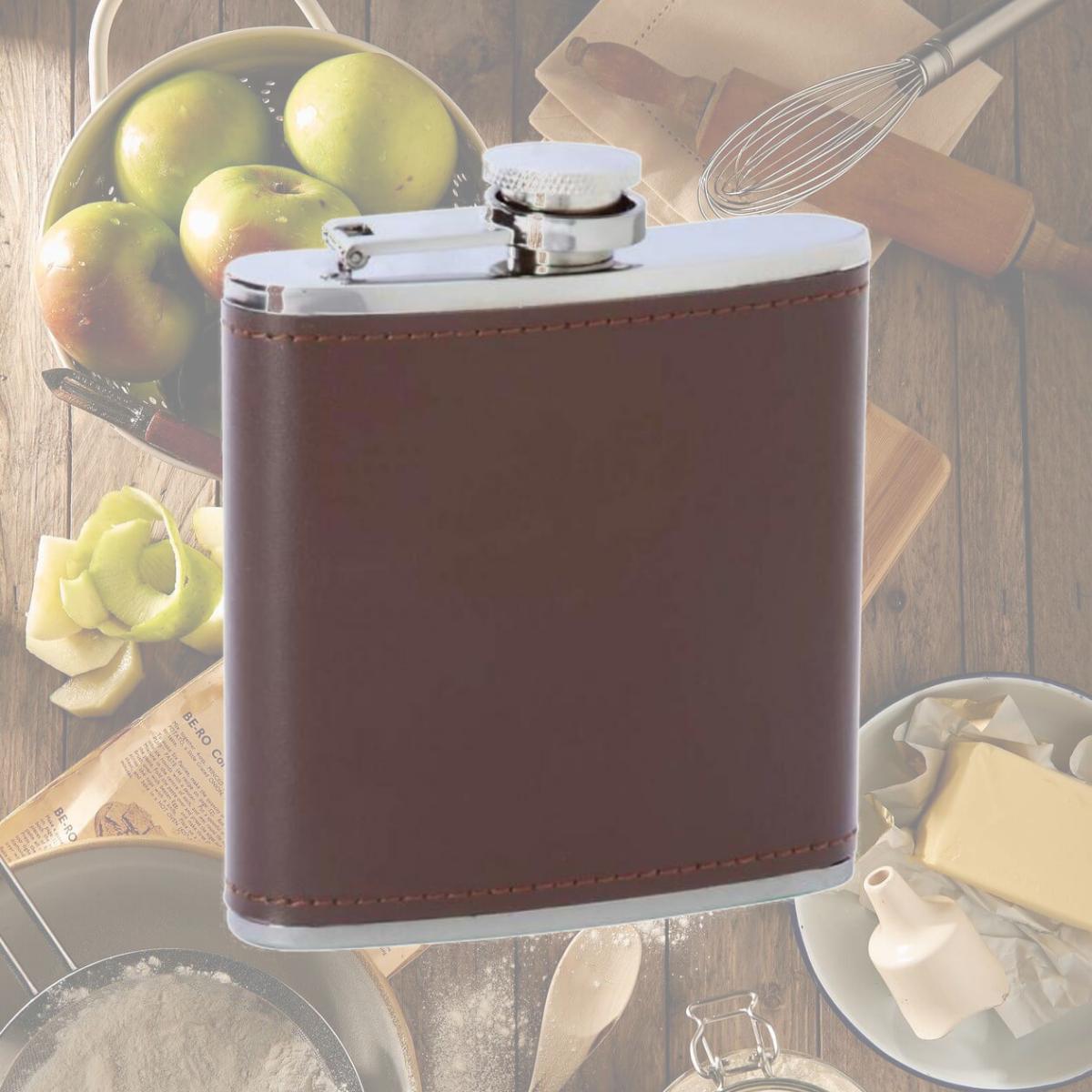 Picture of Maxam 6oz Stainless Steel Flask With Brown Genuine Leather Wrap