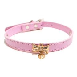 Diabowp 13 -16 In. Leather Collar With Diamond Bow Pendant & Rhinestone Buckles For Dogs & Cats - Pink