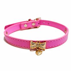 Diabow Hp 13 -16 In. Leather Collar With Diamond Bow Pendant & Rhinestone Buckles For Dogs & Cats - Hot Pink