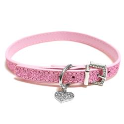 Diaheartp 13 -16 In. Glitter With Diamond Heart Pendant & Rhinestones Buckle Dog Collar - Pink