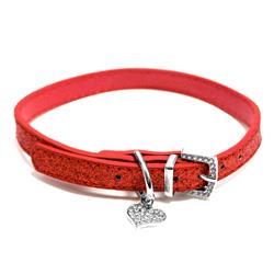 Diaheartr Glitter Dog Collar With Diamond Heart Pendant & Rhinestones Buckle - Red