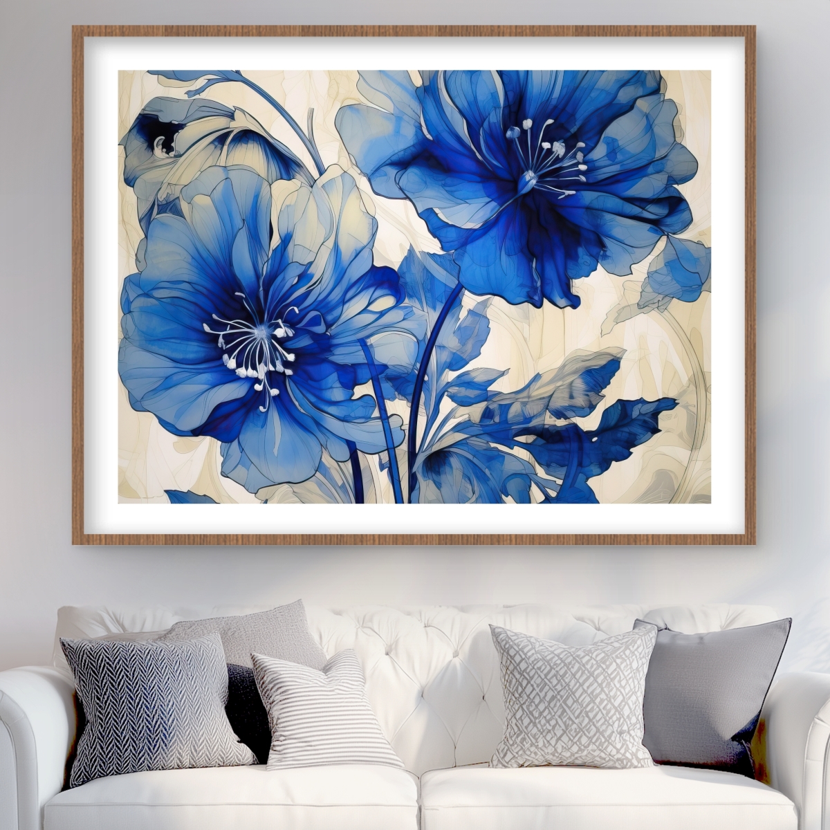 C1FM3648SKMR0D 36 x 48 in. Blue Flowers - Floral Kitchen Print Wall Art - Home Decor Framed Art