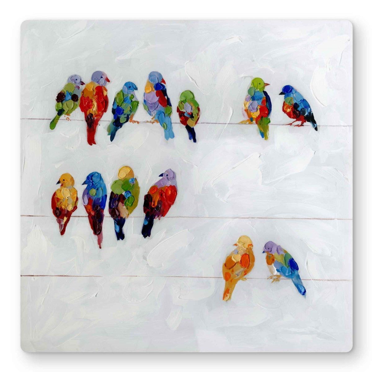 C1MP1616JZE7F7 16 x 16 in. Colorful Birds On A Wire Wall Art - Bedroom Blue Metal Print Decor
