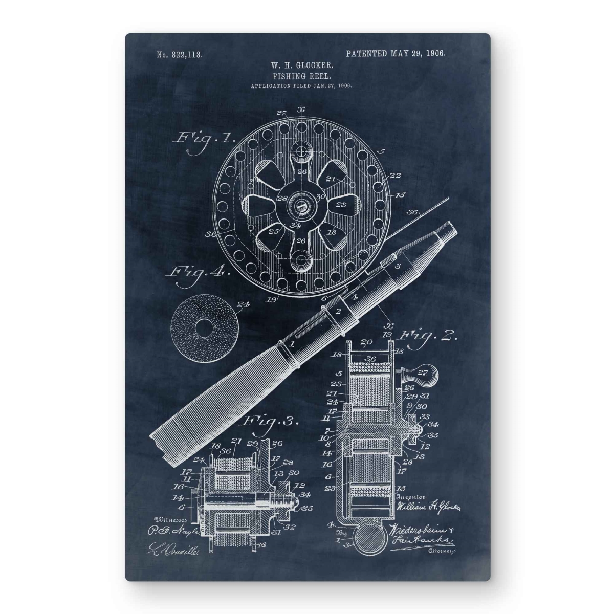 C1MP2030PVH97Q 20 x 30 in. Blueprint of A Fishing Reel Wall Art - Blue Vintage Metal Print Decor