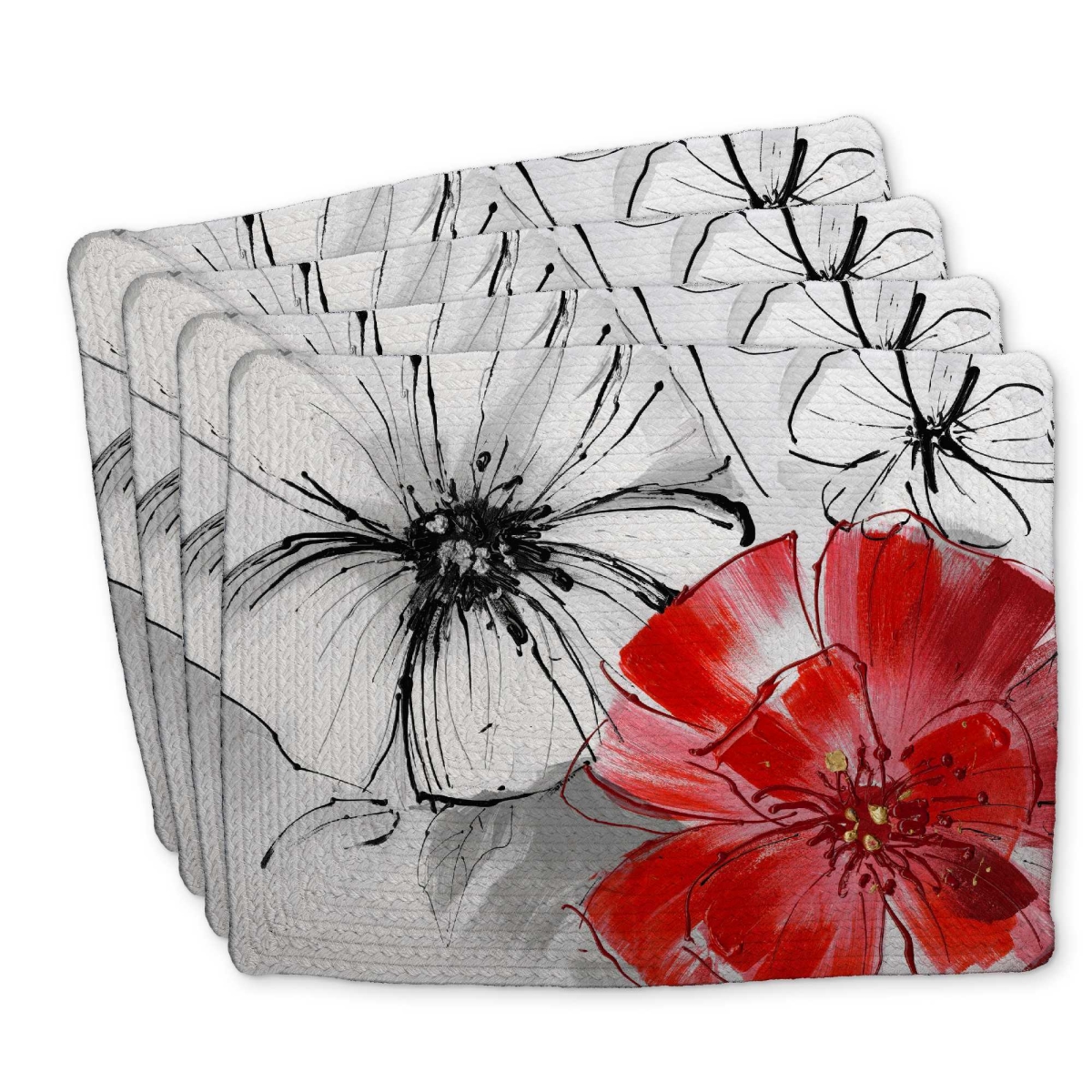 Picture of Begin Home Decor C4BP1418JOTRHV 14 x 18 in. Red & White Flowers Sketch Braided Polyester Placemat - Set of 4