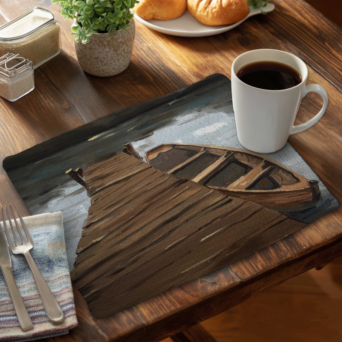 Picture of Begin Home Decor C6BP14186LTAZF 14 x 18 in. Lake, Dock & Boat Braided Polyester Placemat - Home Decor - Set of 6