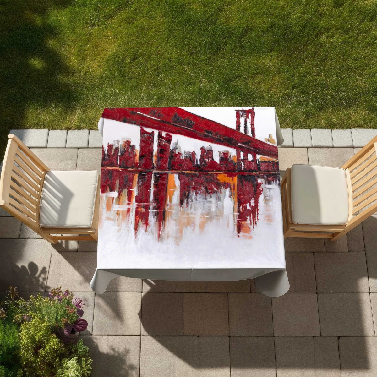Picture of Begin Home Decor C1TC5858IRJ0BF 58 x 58 in. Red Bridge - White Indoor & Outdoor Tablecloth for Home Decor