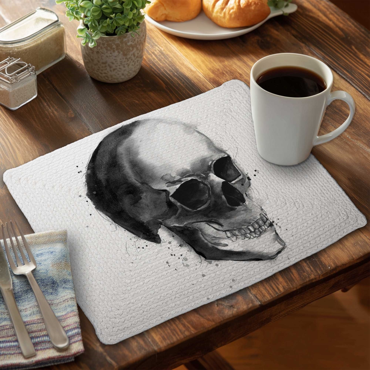 Picture of Begin Home Decor C4BP1418PA2OVY 14 x 18 in. Black & White Skull Braided Polyester Placemat - Decor - Set of 4