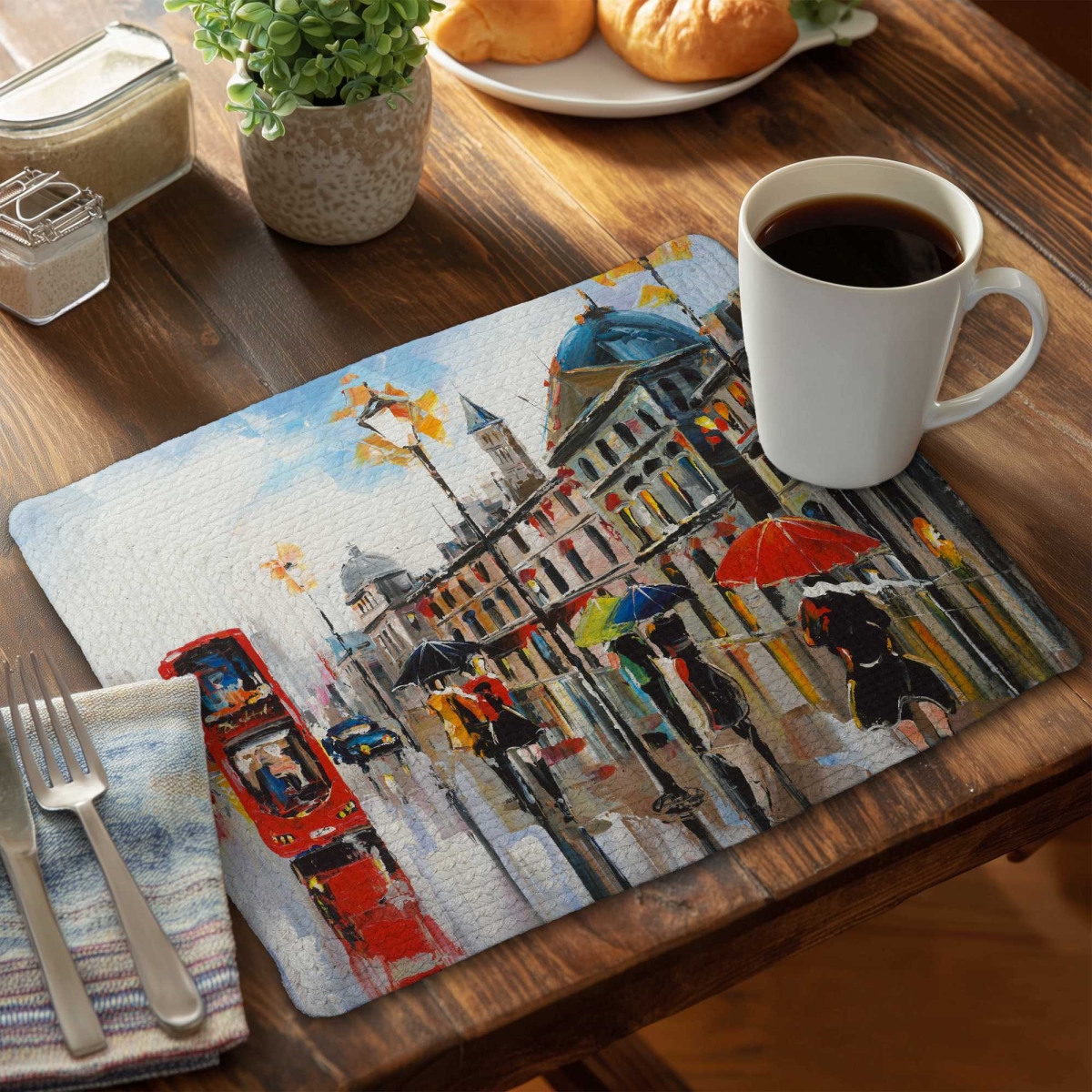Picture of Begin Home Decor C4BP1418AG9YI1 14 x 18 in. Colorful Street with Red Bus Braided Polyester Placemat - Set of 4