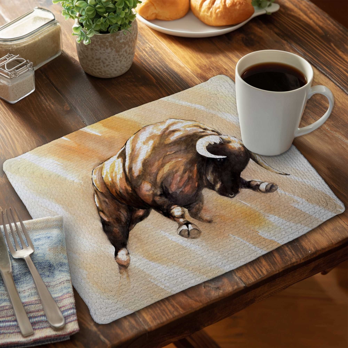 Picture of Begin Home Decor C4BP1418VLRE54 14 x 18 in. Bull to Attack - Braided Polyester Placemat for Home Decor - Set of 4