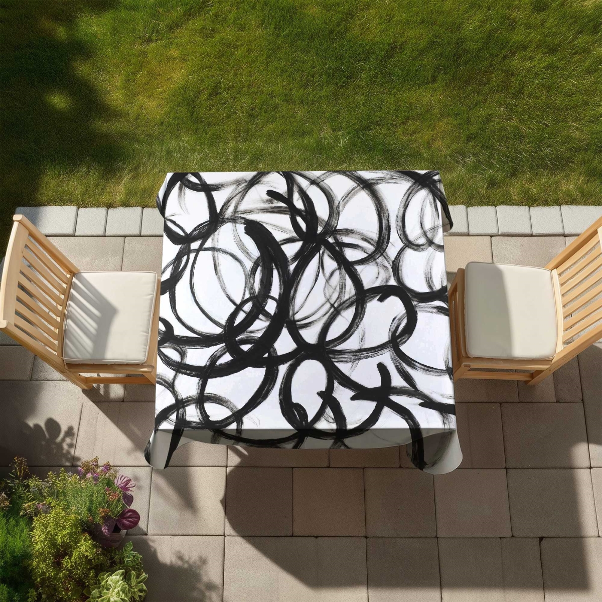 Picture of Begin Home Decor C1TC585848MNQ5 58 x 58 in. Abstract Curly Lines Tablecloth - White Indoor & Outdoor Decor