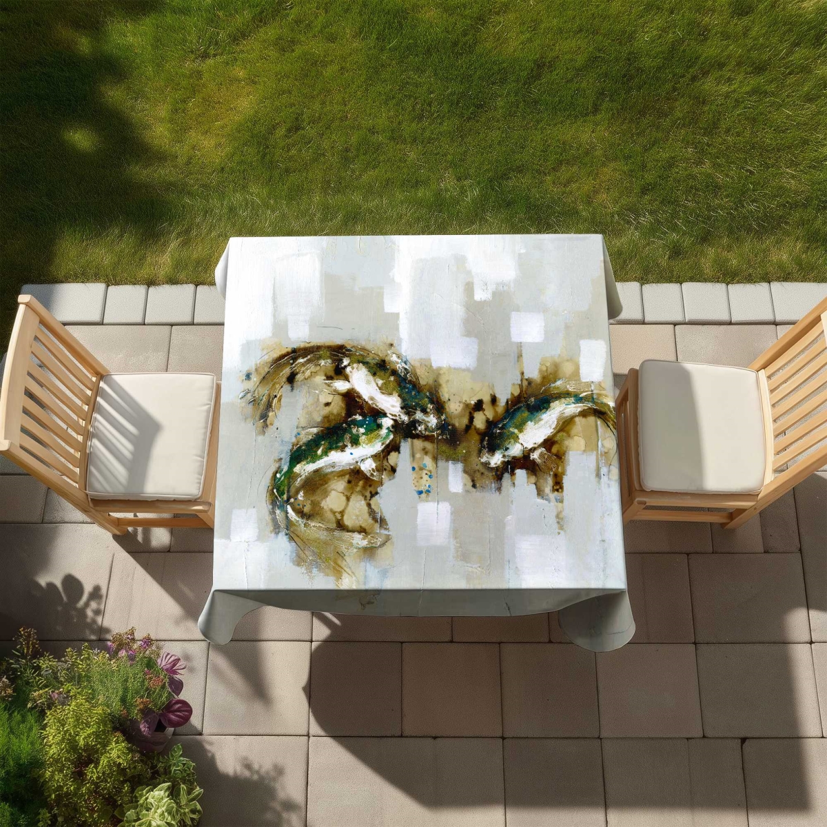 Picture of Begin Home Decor C1TC585891YXGY 58 x 58 in. Three Abstract Koi Fish Tablecloth - Aquatic Home Decor