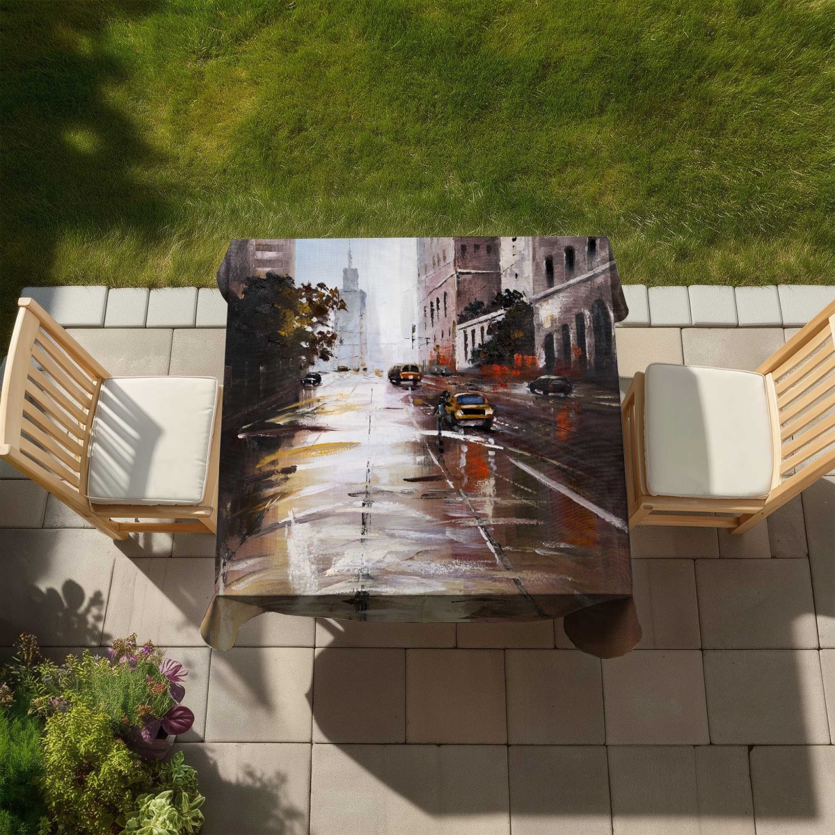 Picture of Begin Home Decor C1TC58589SZCSA 58 x 58 in. Morning Street Scene Tablecloth - Cities Contemporary Decor