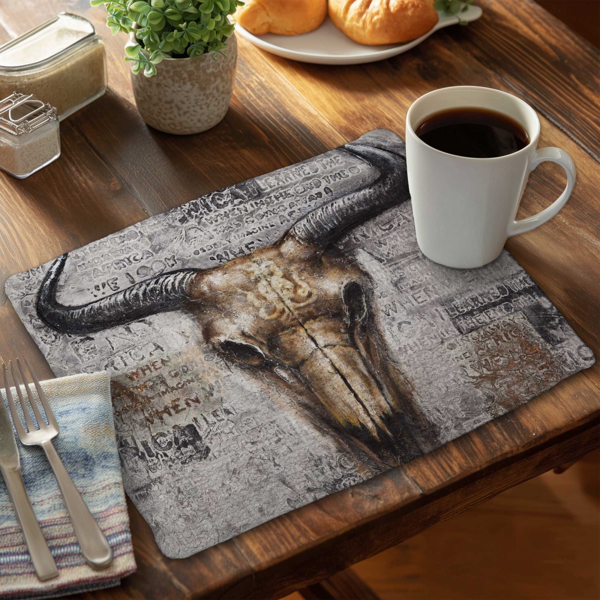Picture of Begin Home Decor C6BP1418X94LBK 14 x 18 in. Bull Skull with Typography - Braided Polyester Placemat - Set of 6