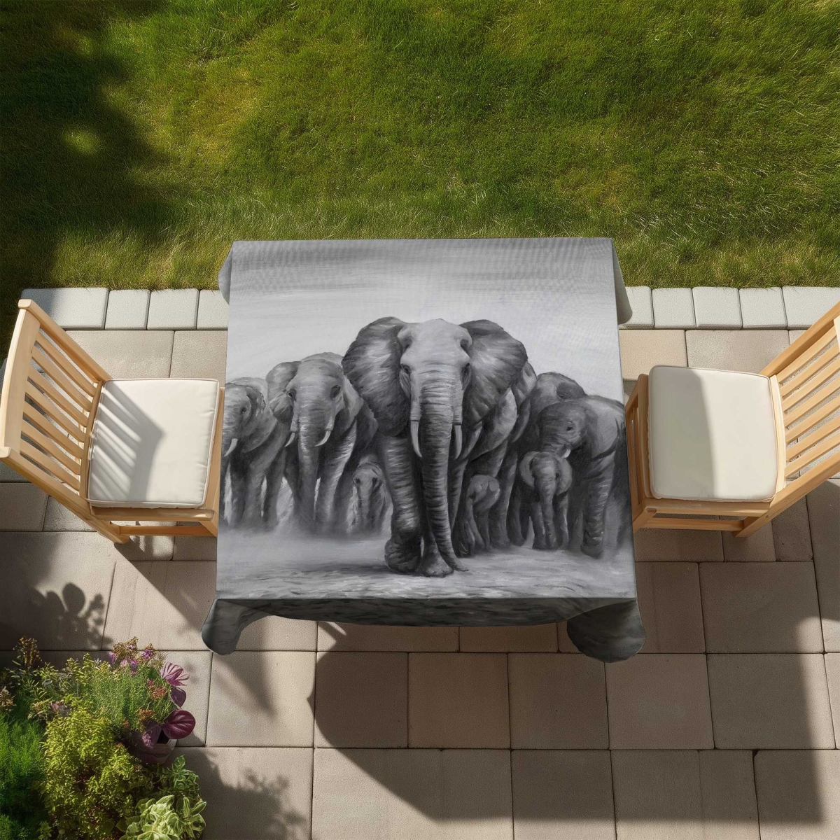 Picture of Begin Home Decor C1TC5858V1ZDRS 58 x 58 in. Herd of Elephants Tablecloth - Gray Man Cave Indoor & Outdoor