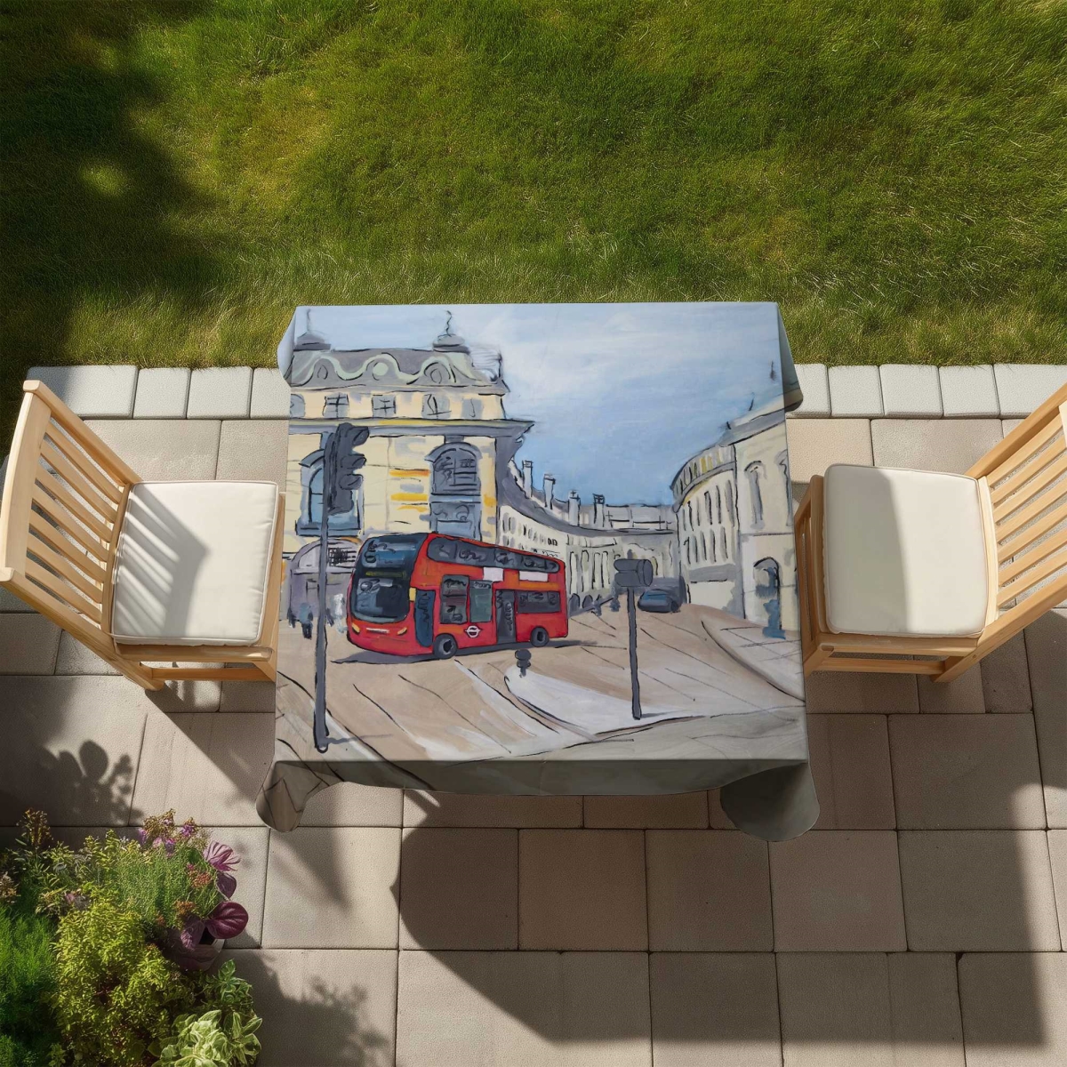 Picture of Begin Home Decor C1TC5858ZNH5TR 58 x 58 in. Piccadilly Circus of London Beige Building Tablecloth