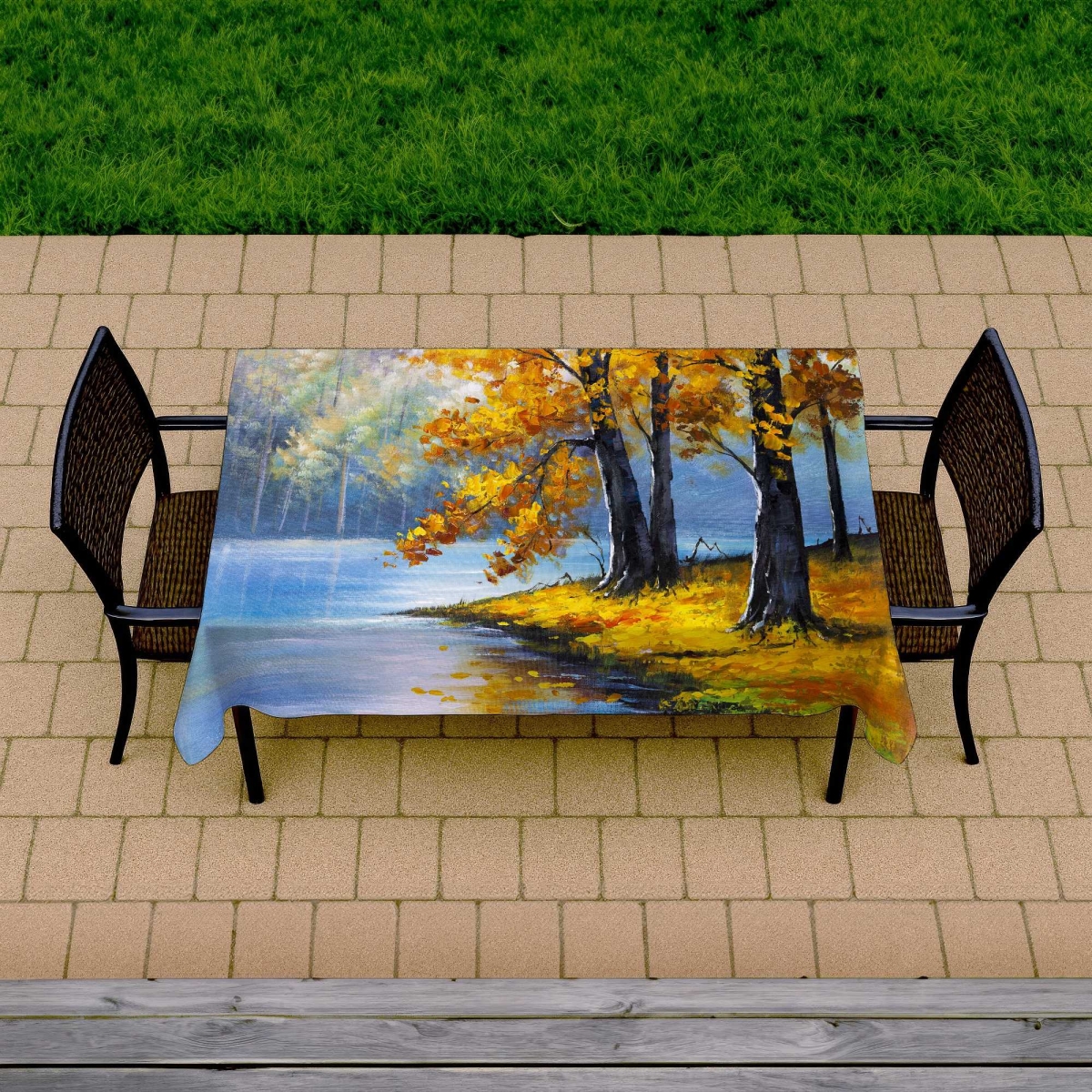 Picture of Begin Home Decor C1TCLRGESXGBGJ 58 x 102 in. Two Trees by The Lake - Contemporary Blue Tablecloth - Decor