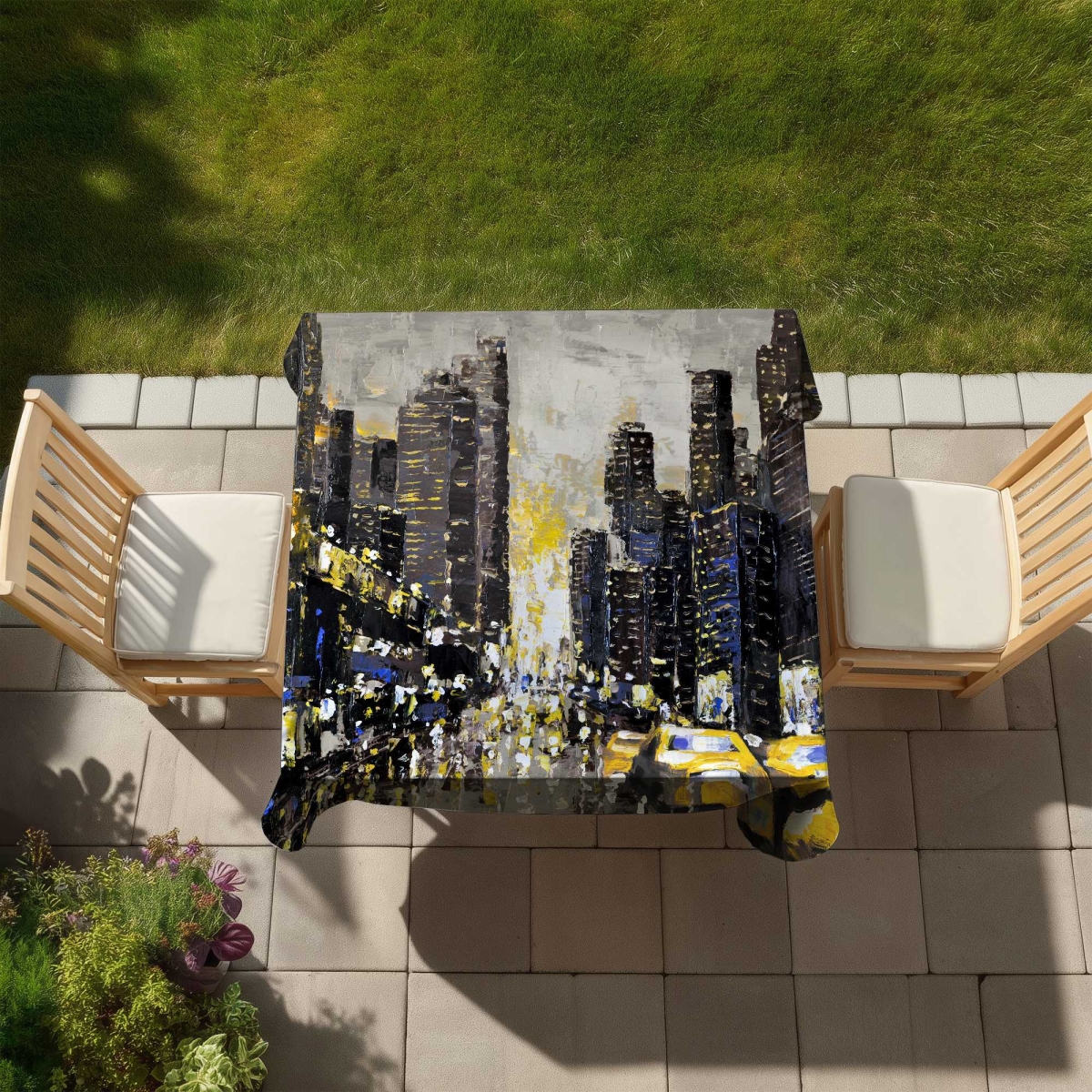 Picture of Begin Home Decor C1TC5858SBIX0Q 58 x 58 in. Abstract City Tablecloth - Yellow Taxis Indoor & Outdoor Decor