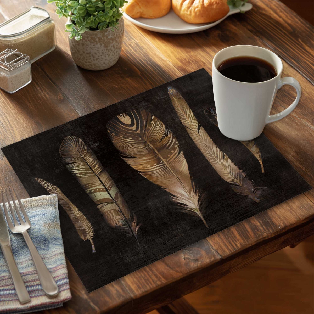 Picture of Begin Home Decor C4PP1418LXIDY2 14 x 18 in. Brown Feather Set - Polyester Placemats for Home Decor - Set of 4