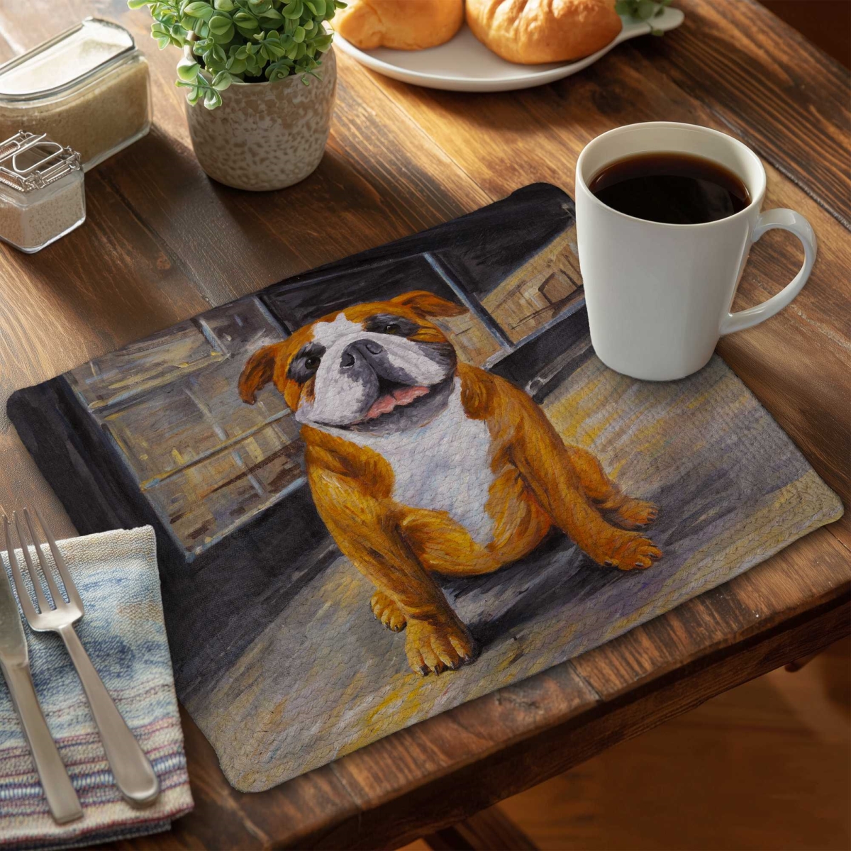 Picture of Begin Home Decor C4BP14181SUXSK 14 x 18 in. Smiling Bulldog Braided Polyester Placemat for Home Decor - Set of 4