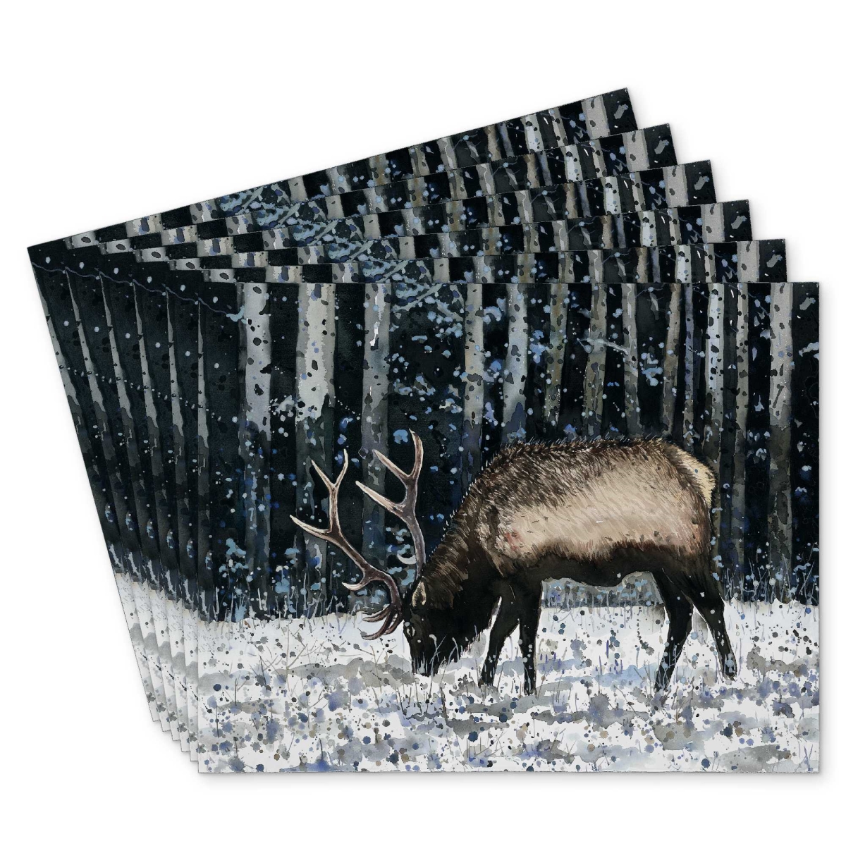 Picture of Begin Home Decor C6PP1418TXT4SK 14 x 18 in. Caribou in the Winter Forest Polyester Placemat - Home Decor - Set of 6