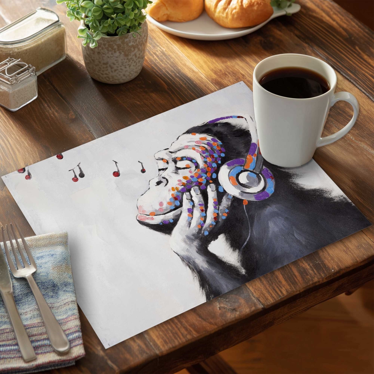 Picture of Begin Home Decor C4PP1418UPZ3WL 14 x 18 in. Monkey Listening Music Polyester Placemat - Home Decor - Set of 4