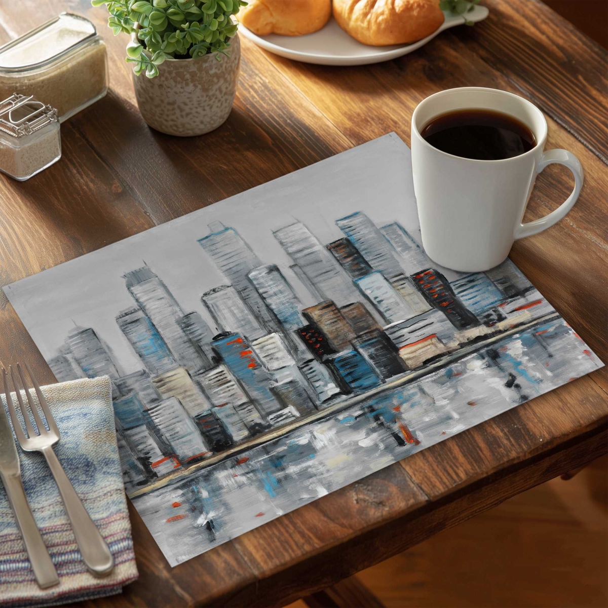 Picture of Begin Home Decor C4PP14185WATL8 14 x 18 in. Abstract Urban Skyline Polyester Placemat - Home Decor - Set of 4