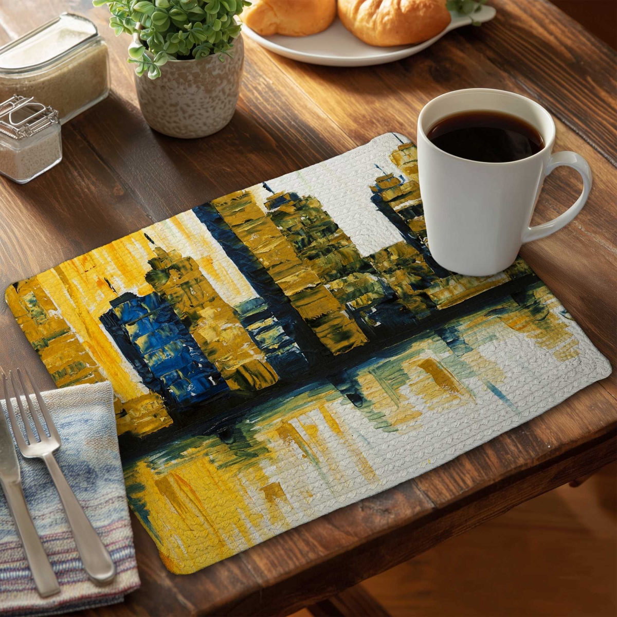 Picture of Begin Home Decor C4BP141839VZ6W 14 x 18 in. Yellow Abstract Skyscrapers Braided Polyester Placemat - Set of 4