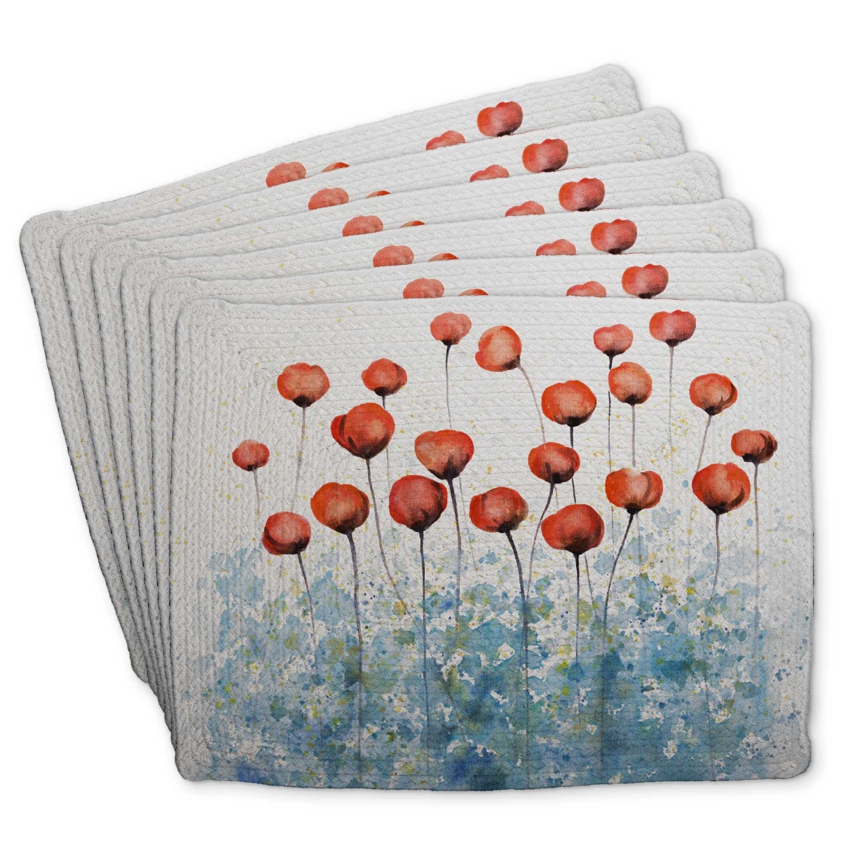 Picture of Begin Home Decor C6BP1418871X0J 14 x 18 in. Red Flowers with Blue Paint Splash Braided Polyester Placemat - Set of 6