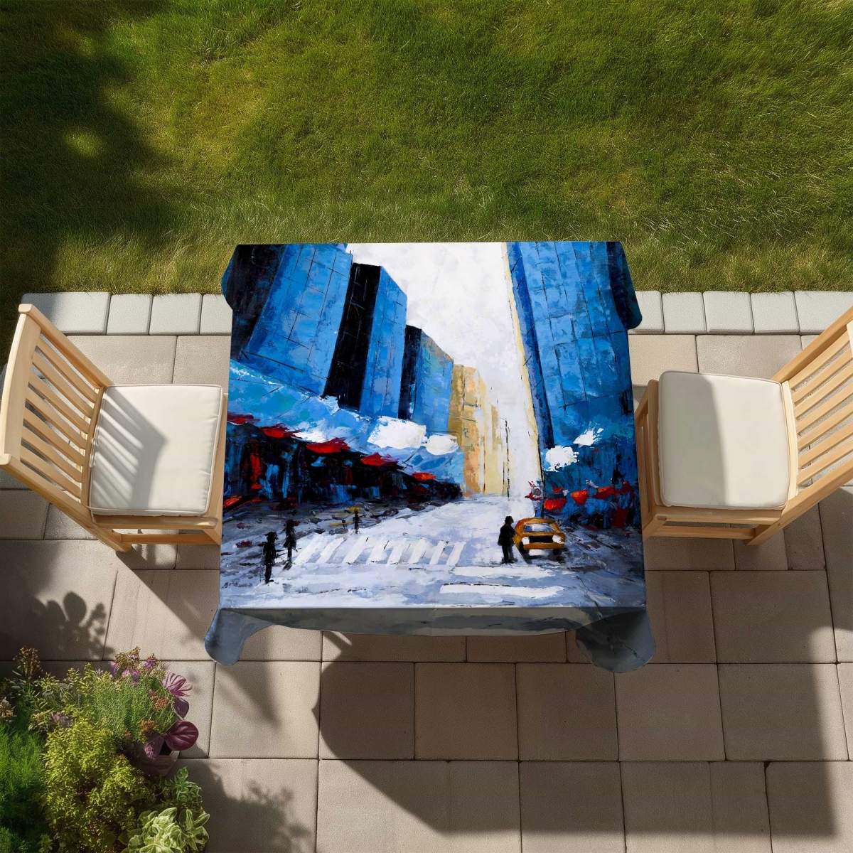 Picture of Begin Home Decor C1TC5858FXZT7L 58 x 58 in. Blue Buildings Tablecloth - Contemporary Indoor & Outdoor